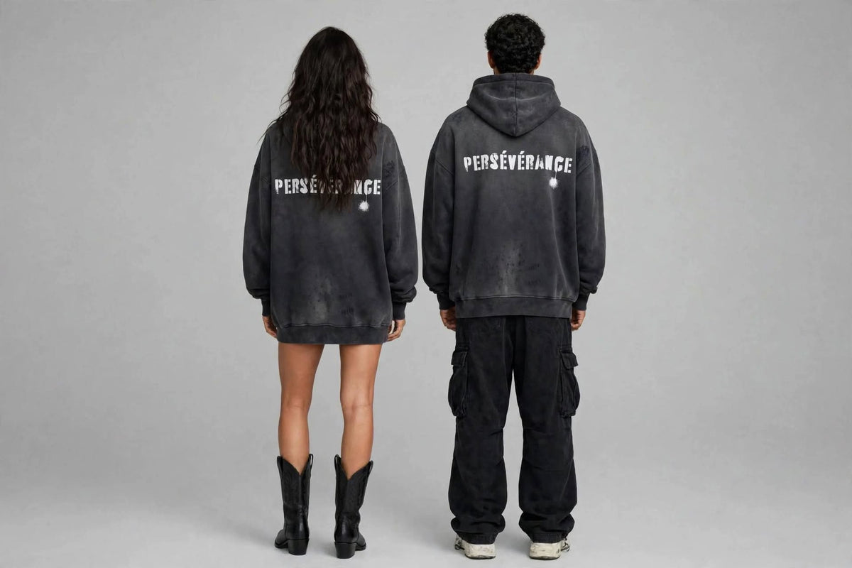 PERSÉVÉRANCE Washed Hoodie - Black Stencil